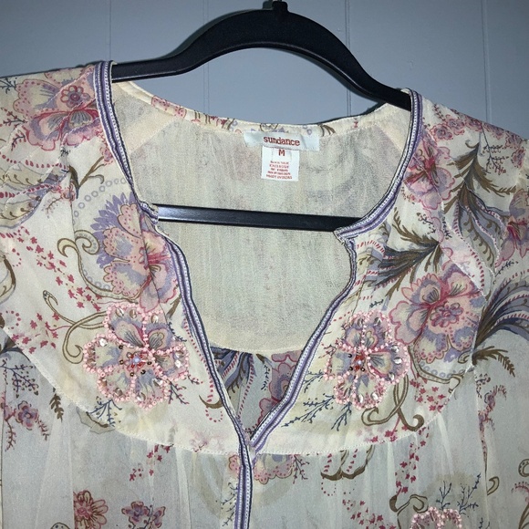 Sundance silk floral beaded split neck blouse Sz M long sleeve button cuff - Picture 3 of 7